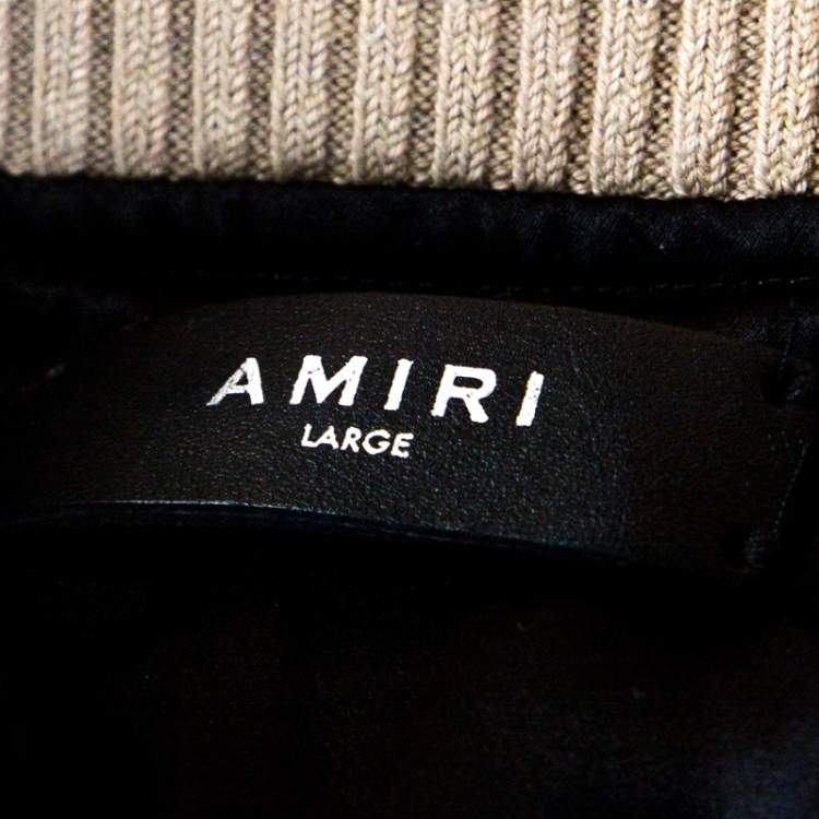 Pre Owned Amiri Dark Beige Silk Rib Knit Trim Zip Front Bomber Jacket L
