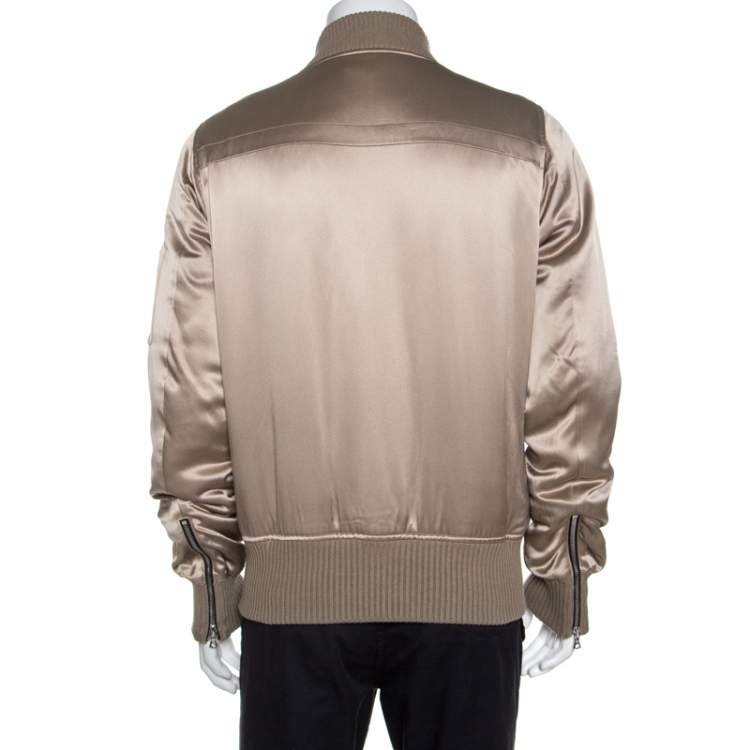 Pre Owned Amiri Dark Beige Silk Rib Knit Trim Zip Front Bomber Jacket L