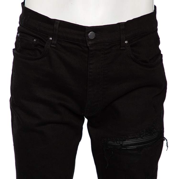 Pre Owned Amiri Black Denim & Leather Inset Slim Fit Biker Jeans XL