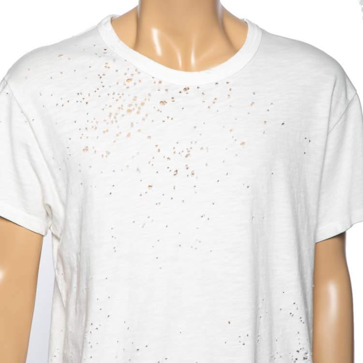 Pre Owned Amiri White Distressed Cotton Crew Neck T-Shirt M