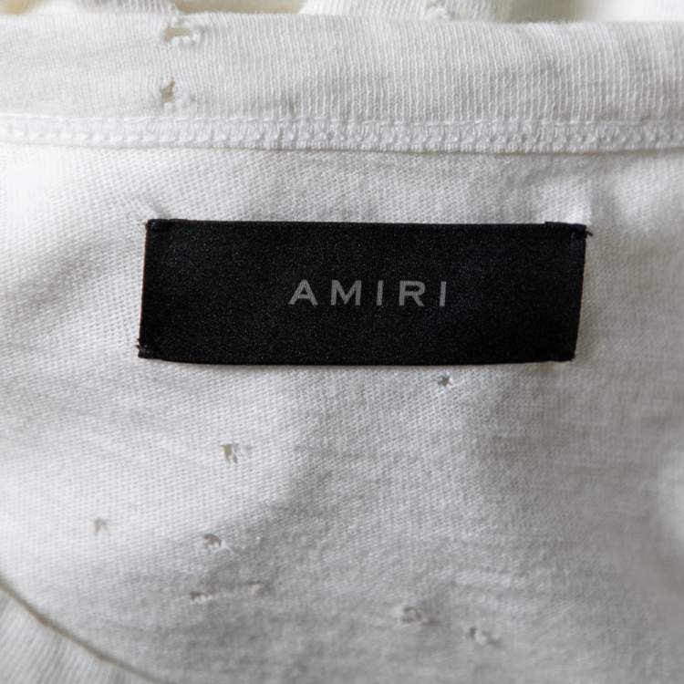Pre Owned Amiri White Distressed Cotton Crew Neck T-Shirt M