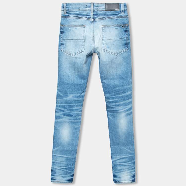 Pre Owned Amiri Blue Distressed Denim Bead Embellished Detailed Skinny Jeans XS