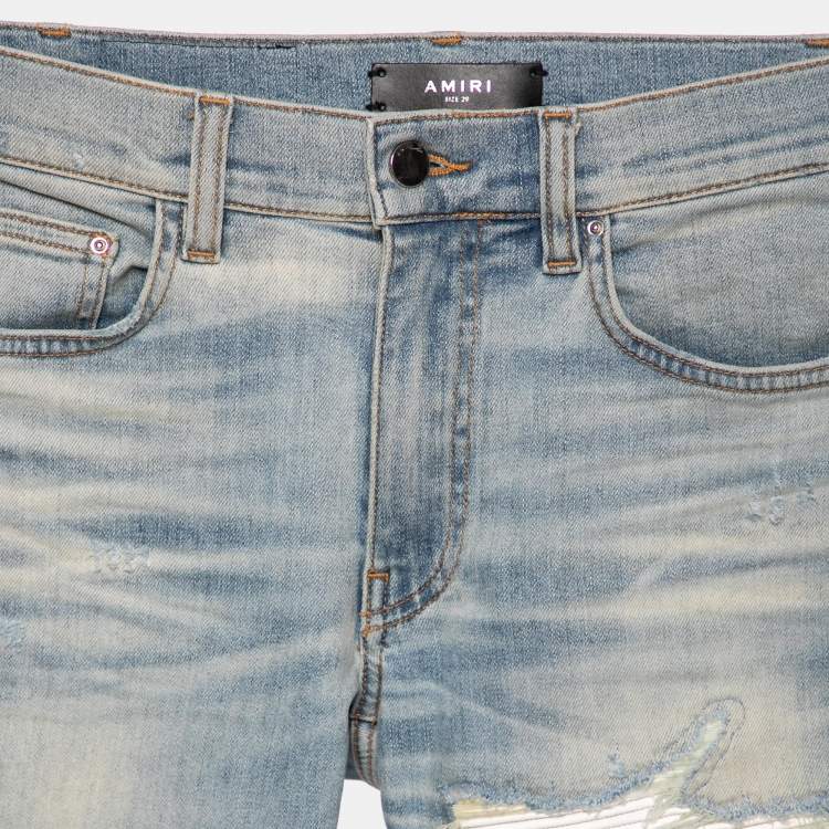 Pre Owned Amiri Blue Distressed Denim & Leather Inset Skinny Jeans XS