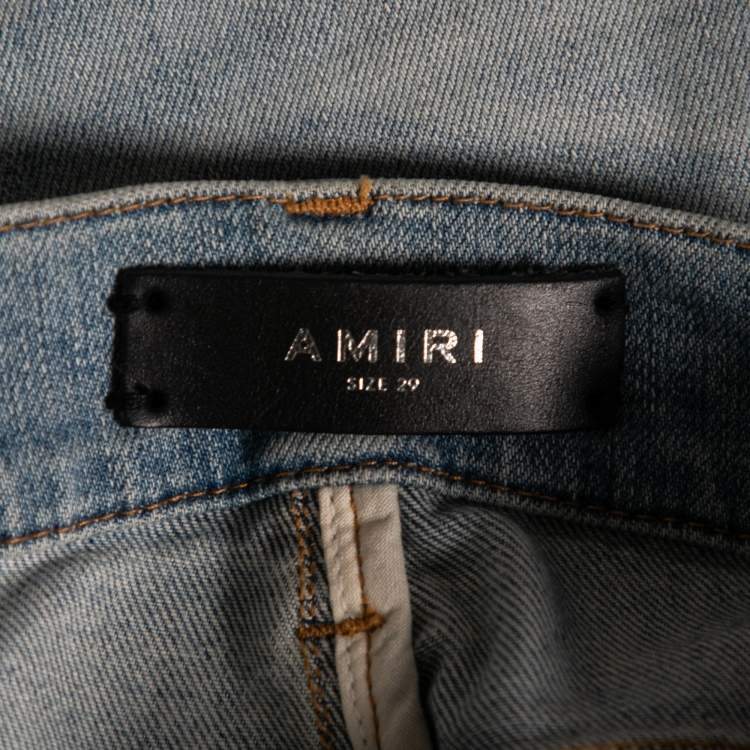 Pre Owned Amiri Blue Distressed Denim & Leather Inset Skinny Jeans XS
