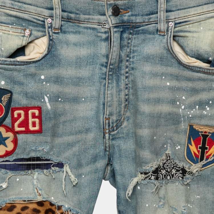 Pre Owned Amiri Blue Distressed Denim Patch Applique Detailed Slim Fit Jeans M 