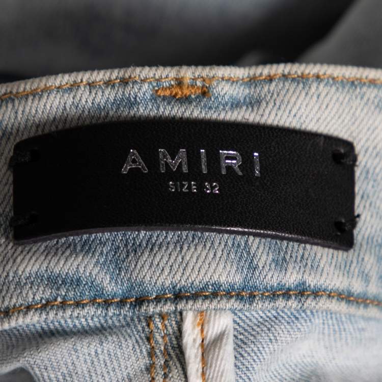 Pre Owned Amiri Blue Distressed Patchwork Denim Dancing Bear Embroidered Jeans M