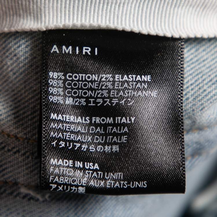 Pre Owned Amiri Blue Distressed Patchwork Denim Dancing Bear Embroidered Jeans M