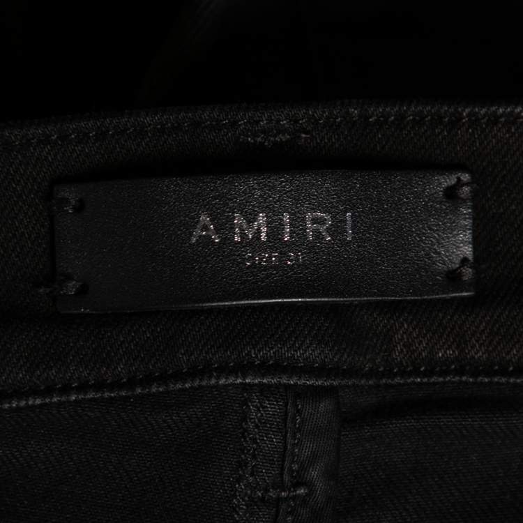 مملوكة مسبقًا Amiri Black Coated Distressed Denim Leather Patch Detail Jeans M