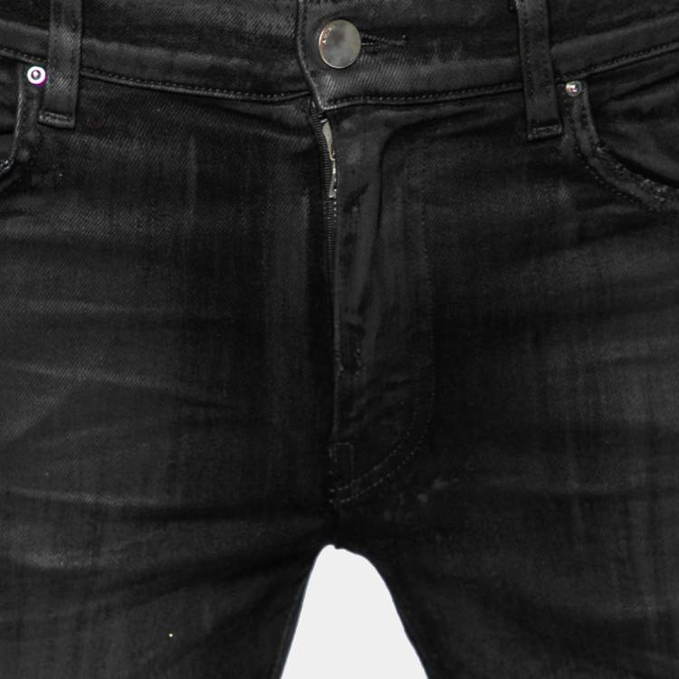 مملوكة مسبقًا Amiri Black Coated Distressed Denim Leather Patch Detail Jeans M