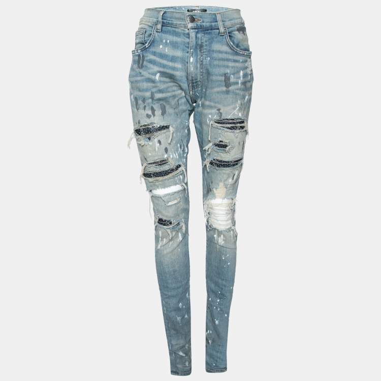 Pre Owned Amiri Blue Distressed Denim Crystal Embellished Jeans M