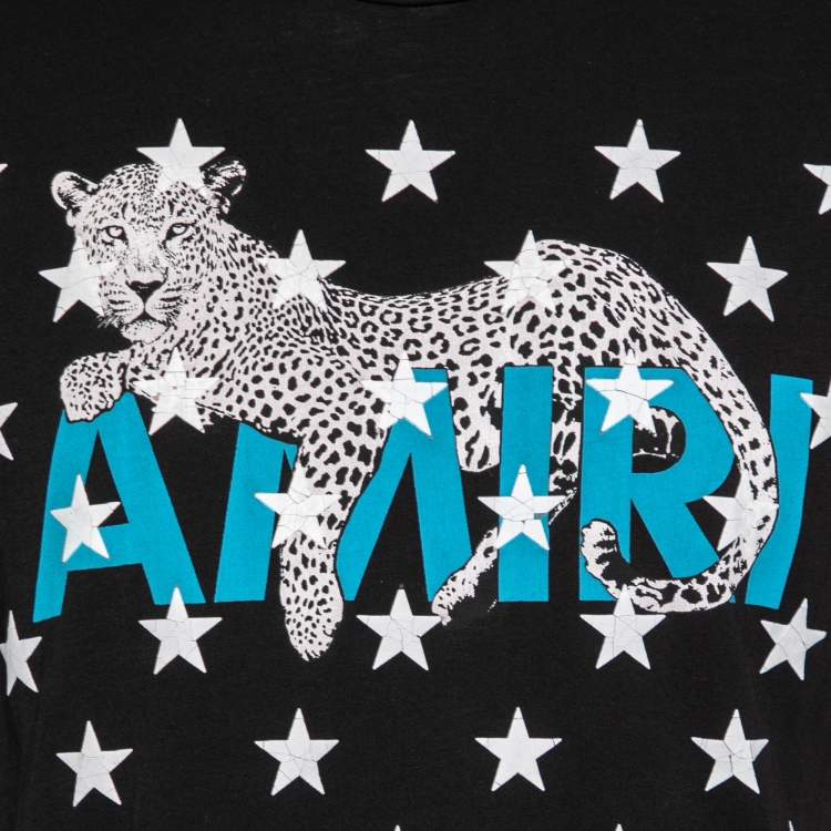 Pre Owned Amiri Black Cotton Leopard Star Printed Crew Neck T-Shirt XS