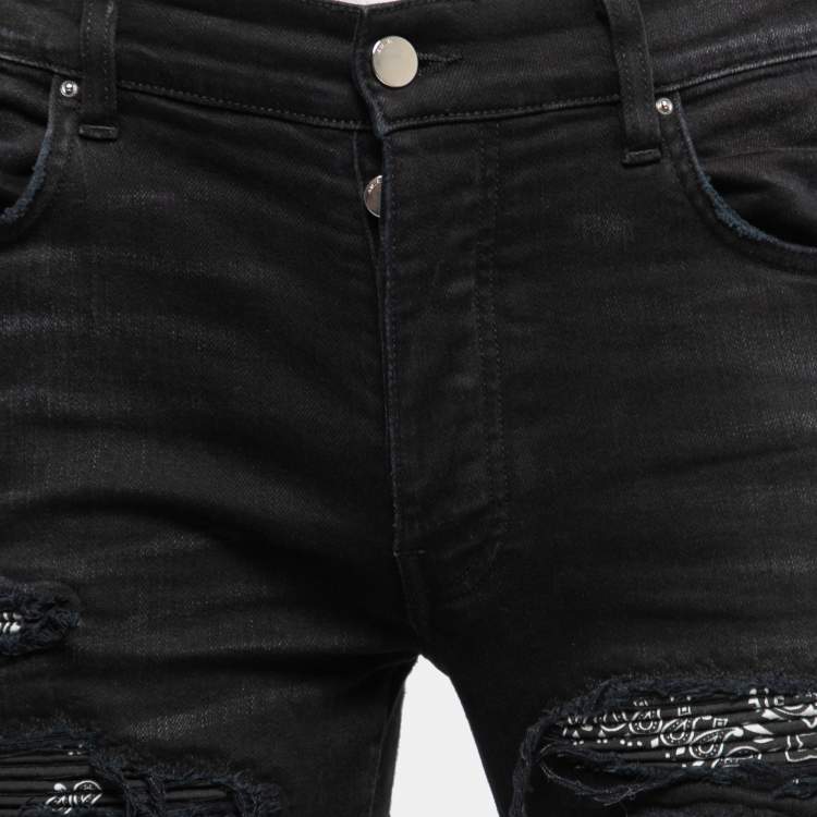 Pre Owned Amiri Black Distressed Denim Bandana Patched Jeans S Waist 31"