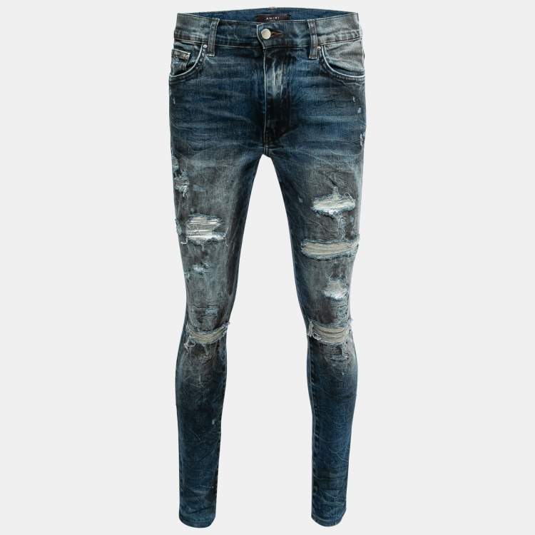 Pre Owned Amiri Blue Distressed Denim Ripped-Detail Skinny Jeans M Waist 32"