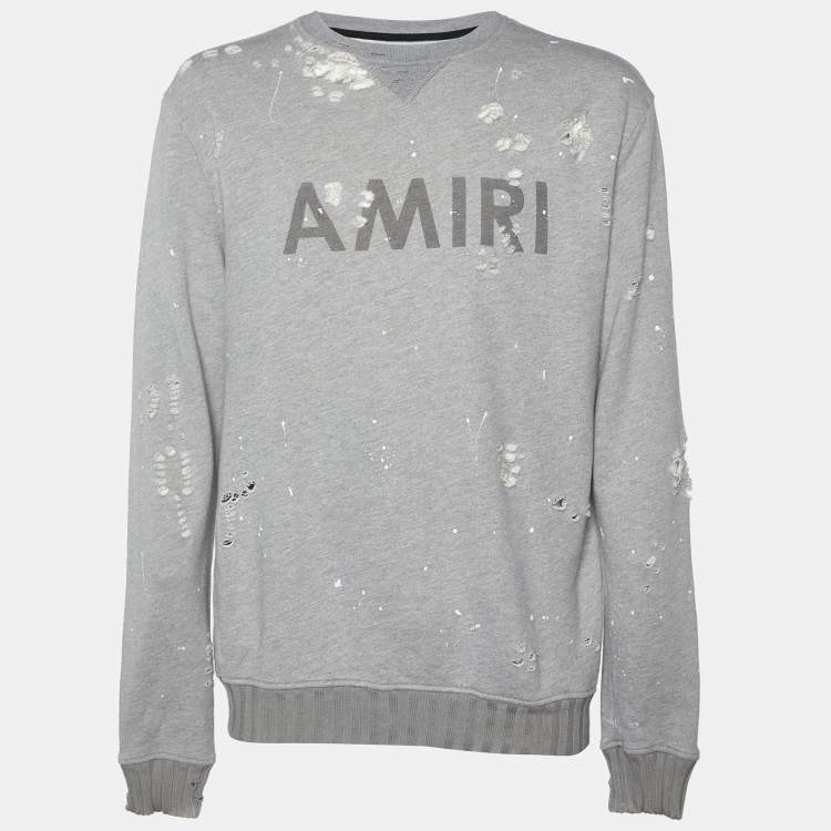 Pre Owned Amiri Grey Logo Printed Shotgun Distressed Cotton & Modal Knit Sweatshirt XXL