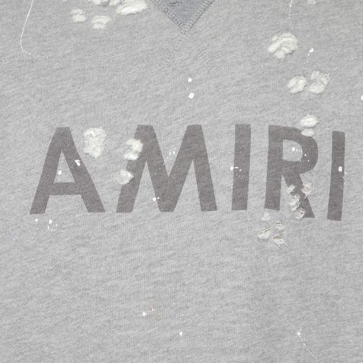 Pre Owned Amiri Grey Logo Printed Shotgun Distressed Cotton & Modal Knit Sweatshirt XXL