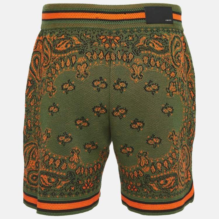 Pre Owned Amiri Green Bandana Print Knit Drawstring Shorts L