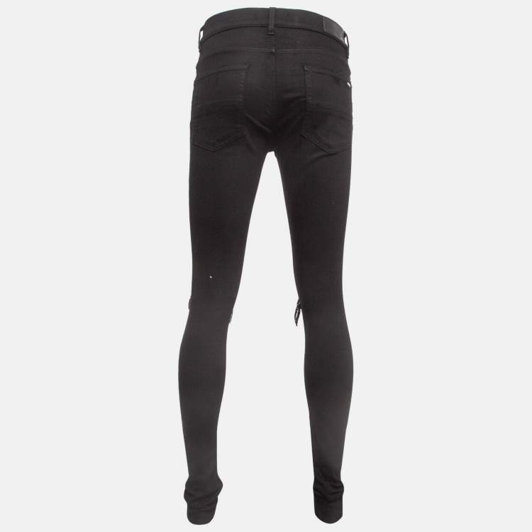 Pre Owned Amiri Black Denim Suede Patch Distressed Slim Fit Jeans M/Waist 32"