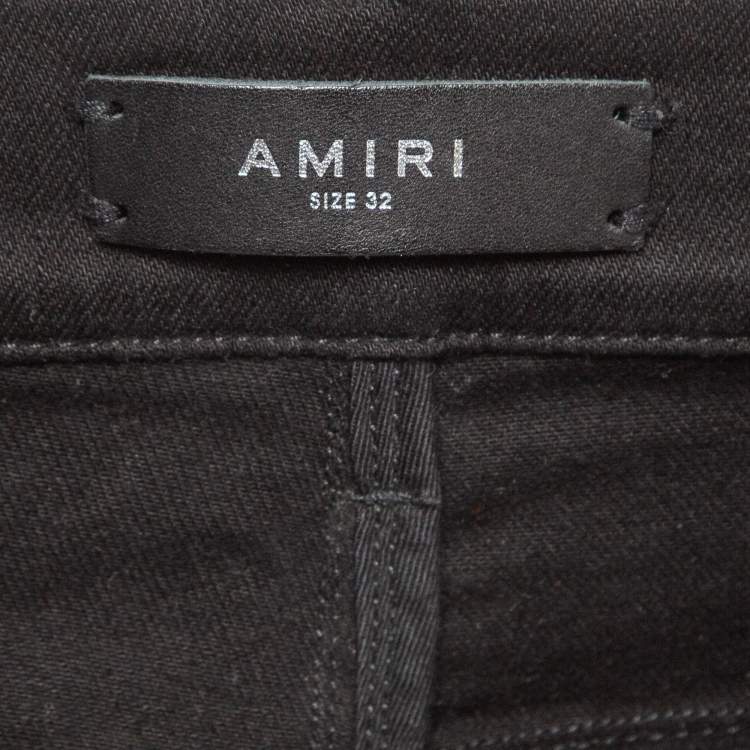 Pre Owned Amiri Black Denim Suede Patch Distressed Slim Fit Jeans M/Waist 32"