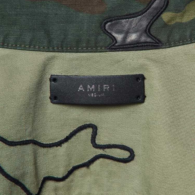 Pre Owned Amiri Green Camou Print Cotton Leather Patch Button Front Jacket M