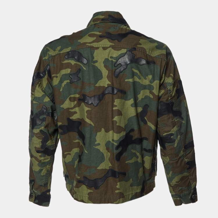 Pre Owned Amiri Green Camou Print Cotton Leather Patch Button Front Jacket M