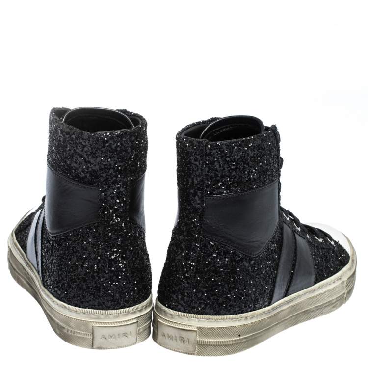Pre Owned Amiri Black Glitter and Leather Vintage Sunset High Top Sneakers Size 42