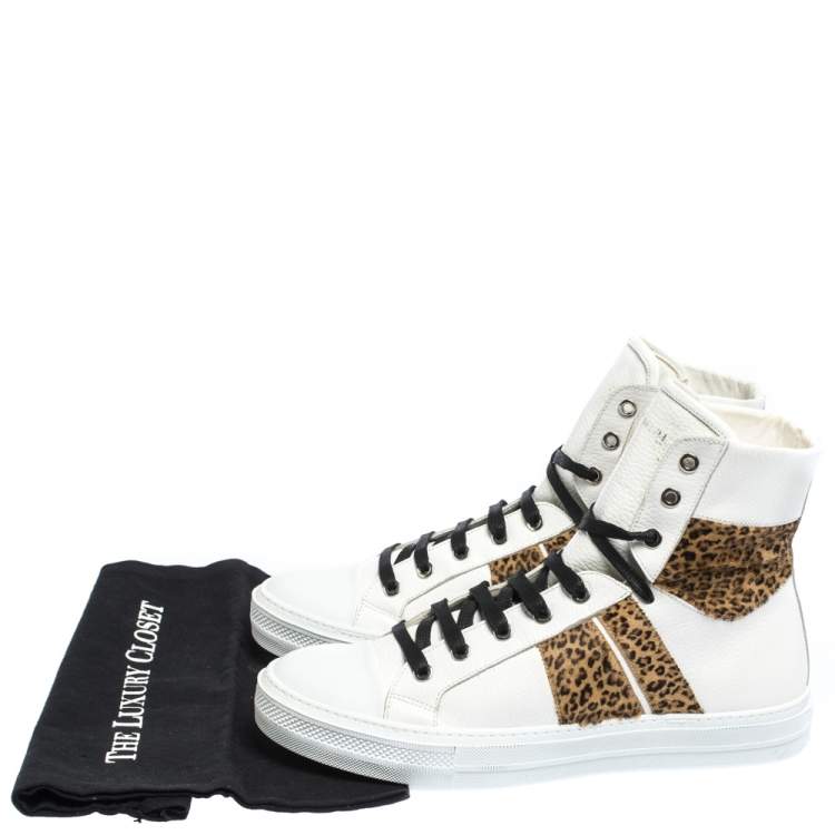 Pre Owned Amiri White/Brown Leather and Leopard Print Calfhair Sunset High Top Sneakers Size 42