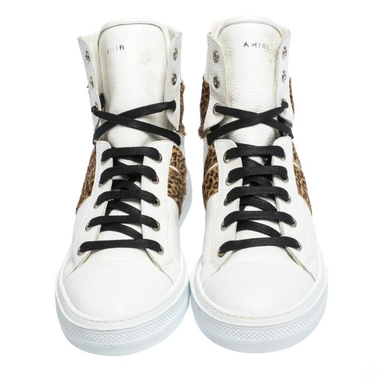 Pre Owned Amiri White/Brown Leather and Leopard Print Calfhair Sunset High Top Sneakers Size 42