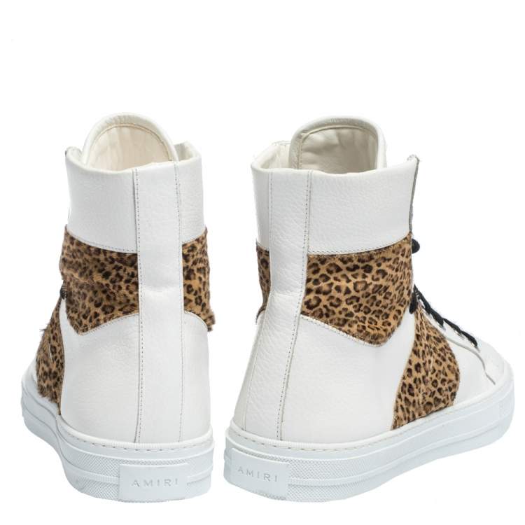 Pre Owned Amiri White/Brown Leather and Leopard Print Calfhair Sunset High Top Sneakers Size 42