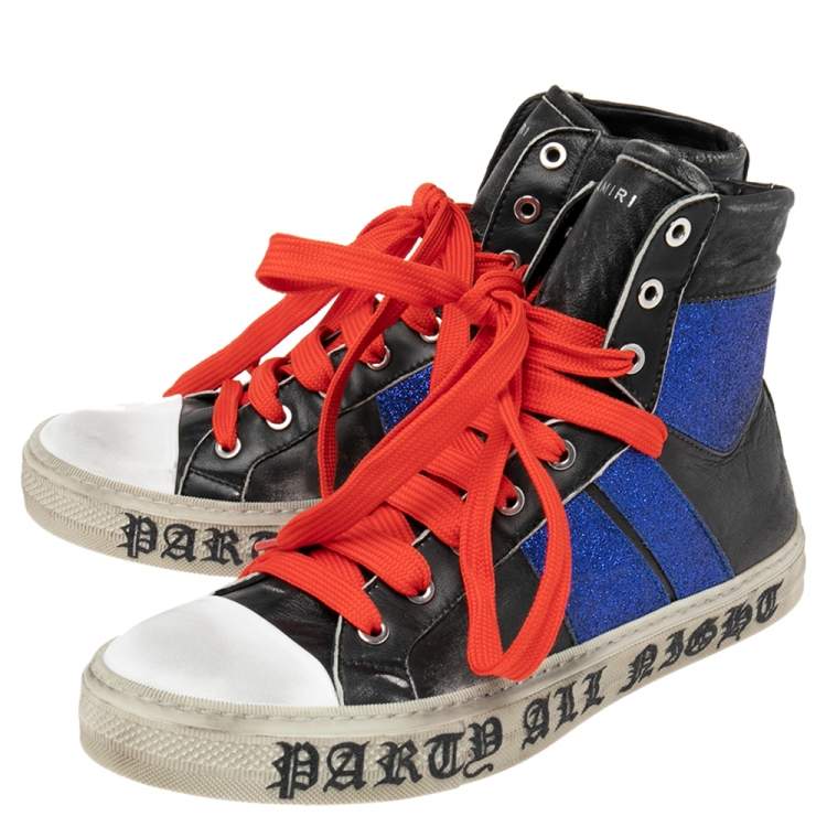 Pre Owned Amiri Black/Blue Leather And Glitter Sunset Lace High Top Sneakers Size 42
