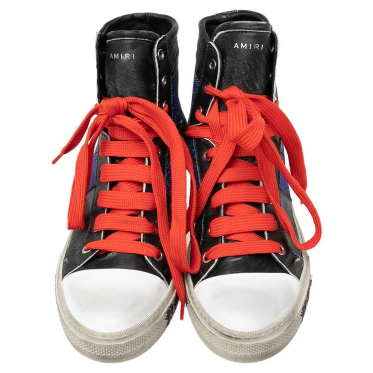 Pre Owned Amiri Black/Blue Leather And Glitter Sunset Lace High Top Sneakers Size 42
