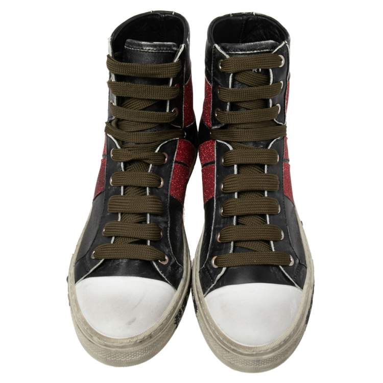 Pre Owned Amiri Black/Red Glitter And Leather Sunset Lace High Top Sneakers Size 42