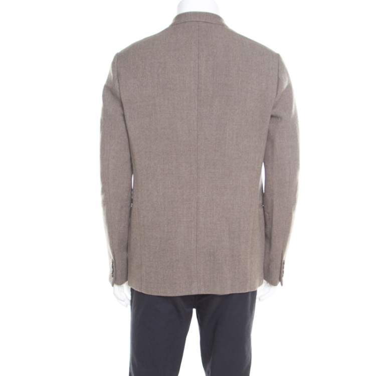 Pre Owned Armani Collezioni Brown and Grey Textured Wool Mandarin Collar Blazer XL