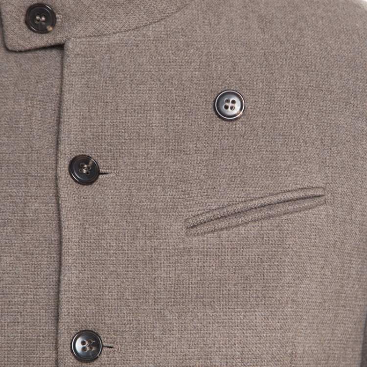 Pre Owned Armani Collezioni Brown and Grey Textured Wool Mandarin Collar Blazer XL