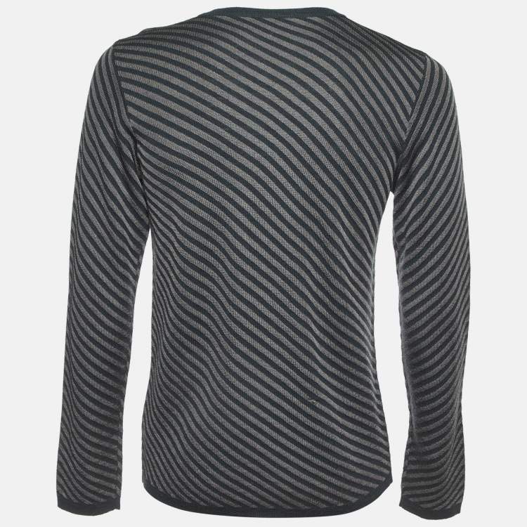 Pre Owned Armani Collezioni Grey Diagonal Striped Wool V-Neck Jumper L