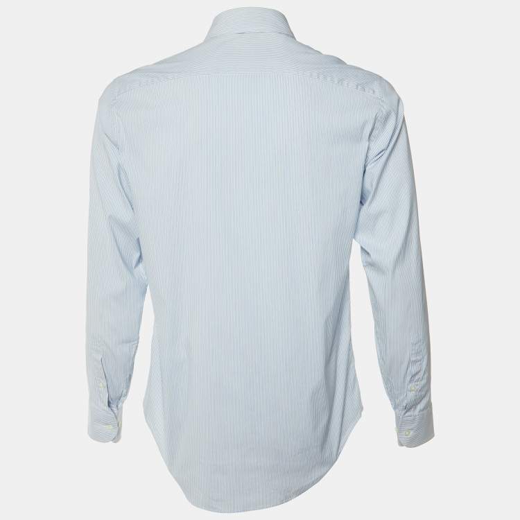Pre Owned Armani Collezioni Blue/White Striped Stretch Cotton Long Sleeve Shirt M 