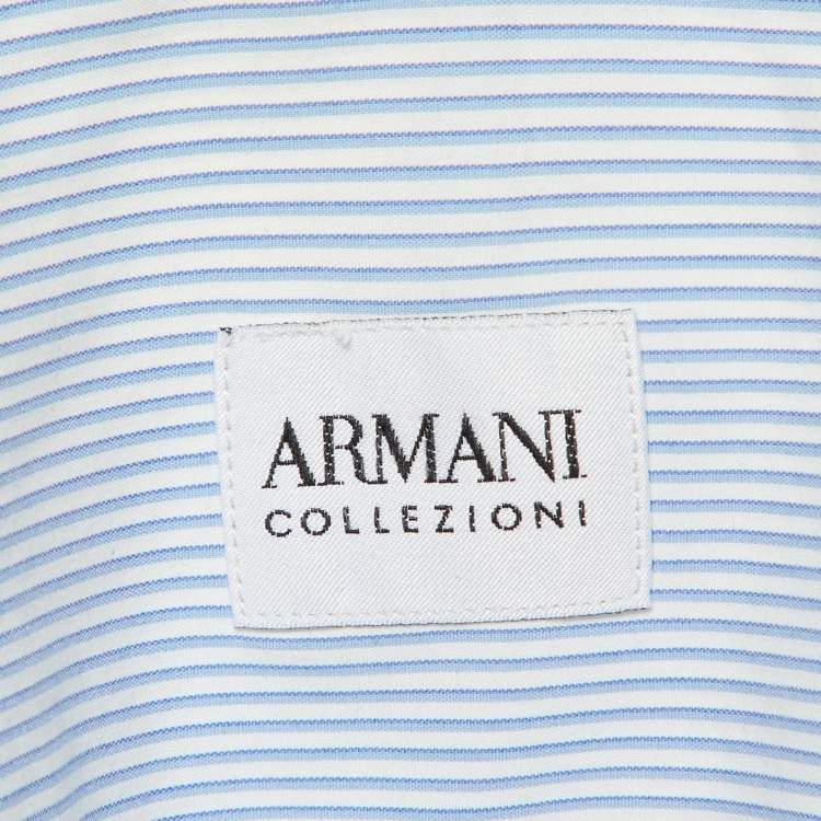 Pre Owned Armani Collezioni Blue/White Striped Stretch Cotton Long Sleeve Shirt M 