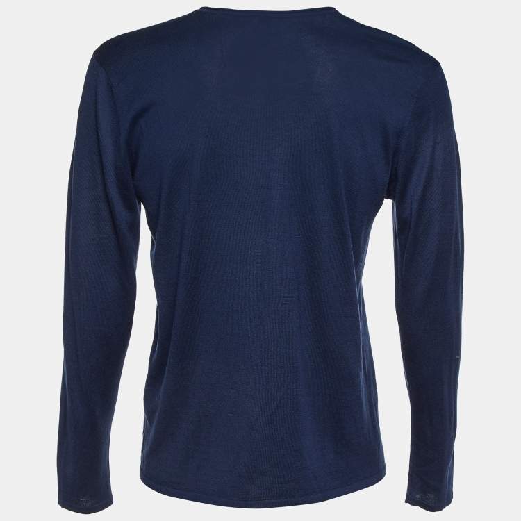 Pre Owned Armani Collezioni Navy Blue Silk & Camel Knit V-Neck Sweater M