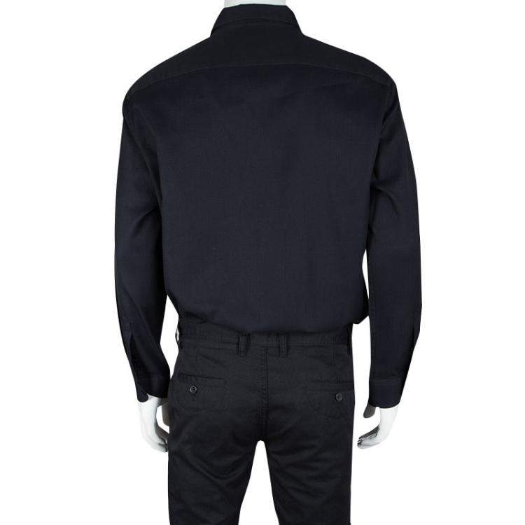 Pre Owned Armani Collezioni Navy Blue Herringbone Pattern Long Sleeve Shirt XL