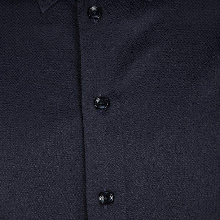 Pre Owned Armani Collezioni Navy Blue Herringbone Pattern Long Sleeve Shirt XL