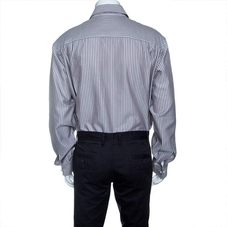 Pre Owned Armani Collezioni Grey Striped Cotton Long Sleeve Button Front Shirt 4XL