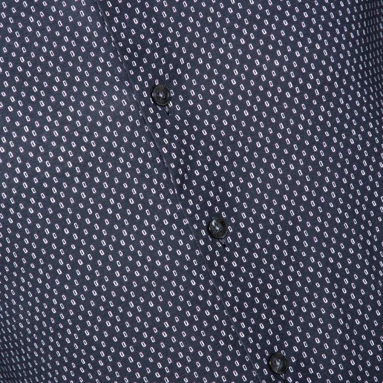 Pre Owned Armani Collezioni Navy Blue Printed Cotton Knit Long Sleeve Shirt L