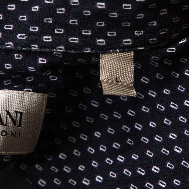 Pre Owned Armani Collezioni Navy Blue Printed Cotton Knit Long Sleeve Shirt L