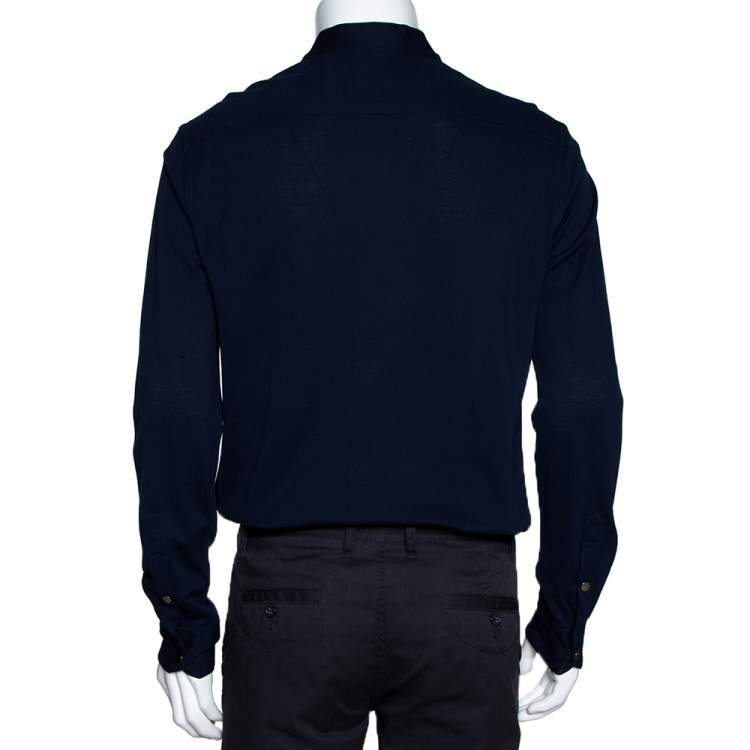 Pre Owned Armani Collezioni Navy Blue Cotton Long Sleeve Collarless Shirt L