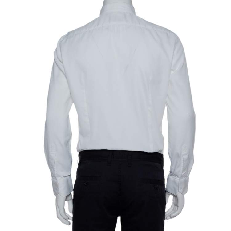 Pre Owned Armani Collezioni White Cotton & Silk Stand Collar Tuxedo Shirt L