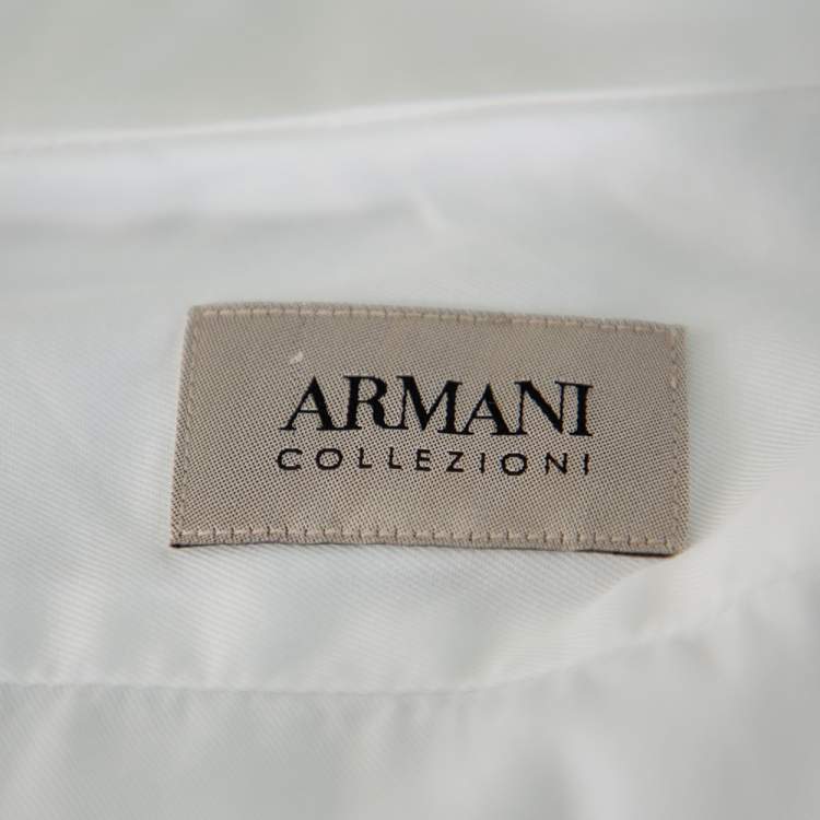 Pre Owned Armani Collezioni White Cotton & Silk Stand Collar Tuxedo Shirt L