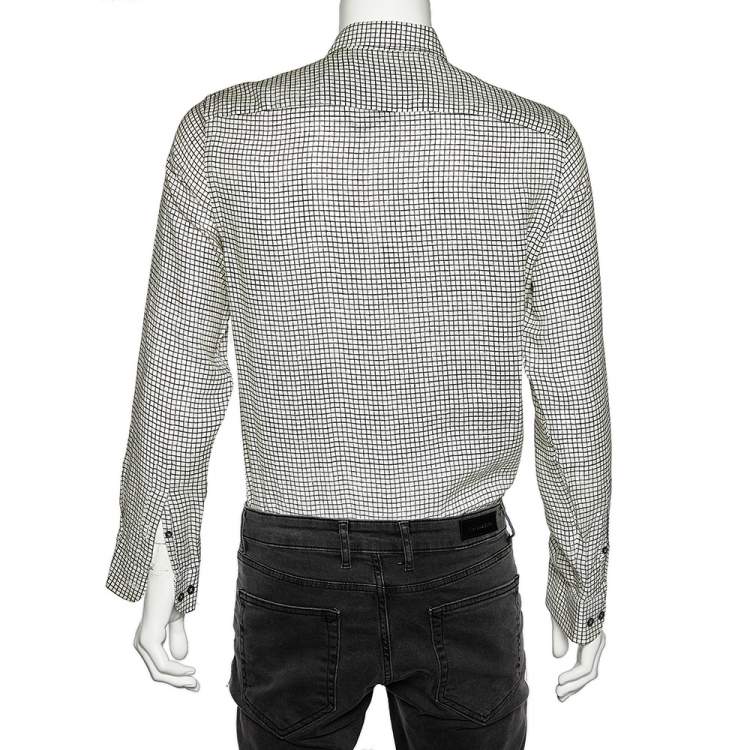 Pre Owned Armani Collezioni White Square Printed Linen Button Front Shirt M