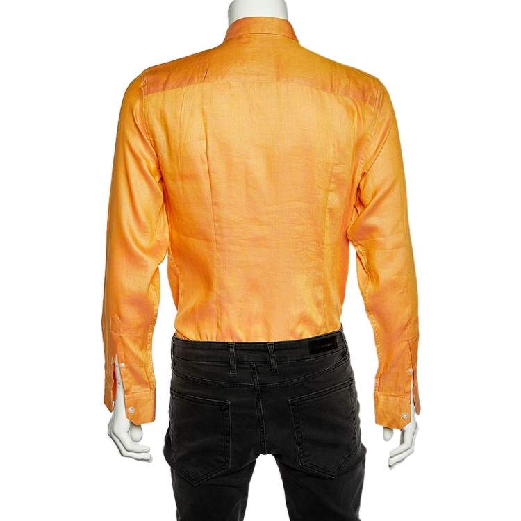 Pre Owned Armani Collezioni Orange Linen & Cotton Button Front Shirt M