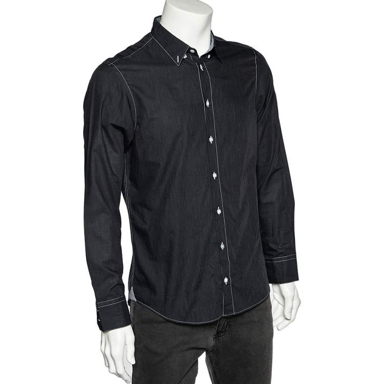 Pre Owned Armani Collezioni Charcoal Grey Washed Cotton Button Front Shirt M 