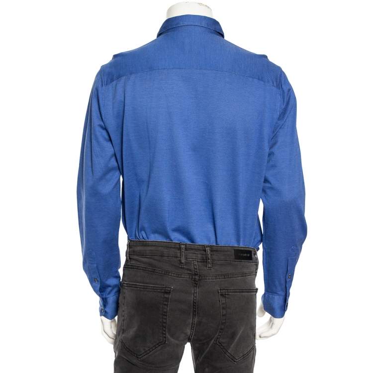 Pre Owned Armani Collezioni Navy Blue Textured Cotton Button Front Shirt XL 