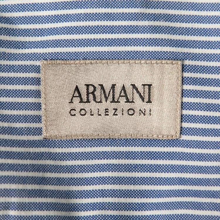 Pre Owned Armani Collezioni Blue Striped Cotton Long-Sleeve Button Front Shirt XL